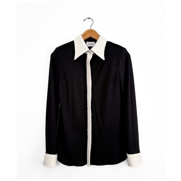 St. John Black White Silk Contrast Texture Collar Cuffs Button Down Top Blouse - Picture 5 of 9